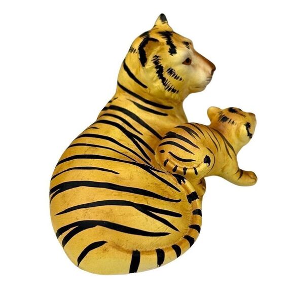 Vintage Lefton Mother & Baby Tiger Figurine Yellow Black Hand Painted New - Picture 3 of 8